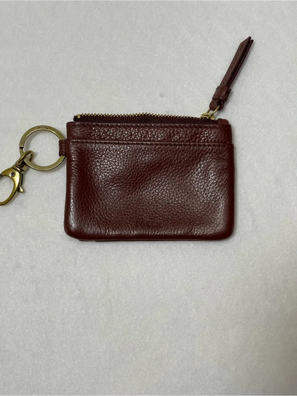 Fossil Brown Pebbled Leather Zip Wallet Card Case Keychain ID Holder - Picture 2 of 7